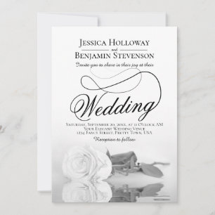 Elegant Black & White Rose Fancy QR Code Wedding Invitation