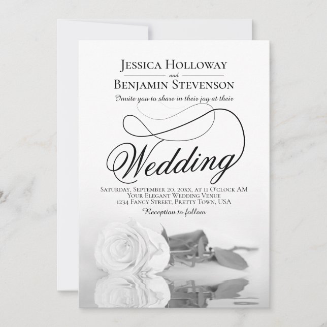 Elegant Black & White Rose Fancy QR Code Wedding Invitation (Front)