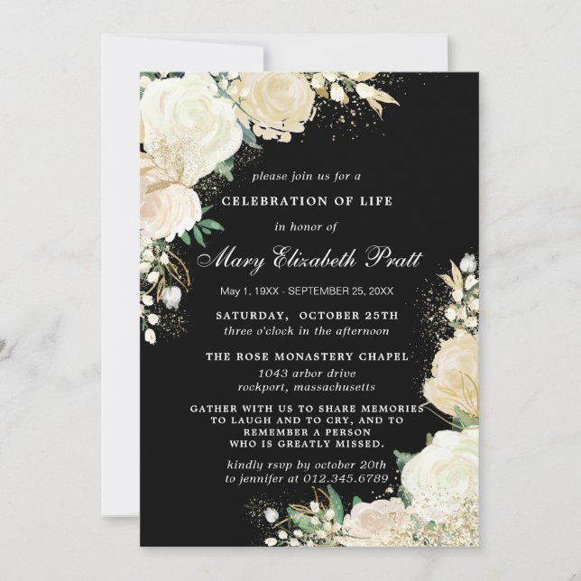Elegant Black White Rose Floral Funeral Invitation (Front)