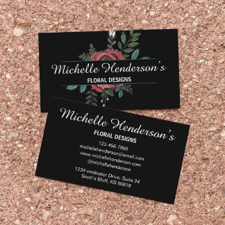 Elegant Black & White Rose Illustration Florist Business Card
