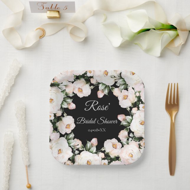 Elegant Black White Roses Bridal Shower Paper Plate (Wedding)