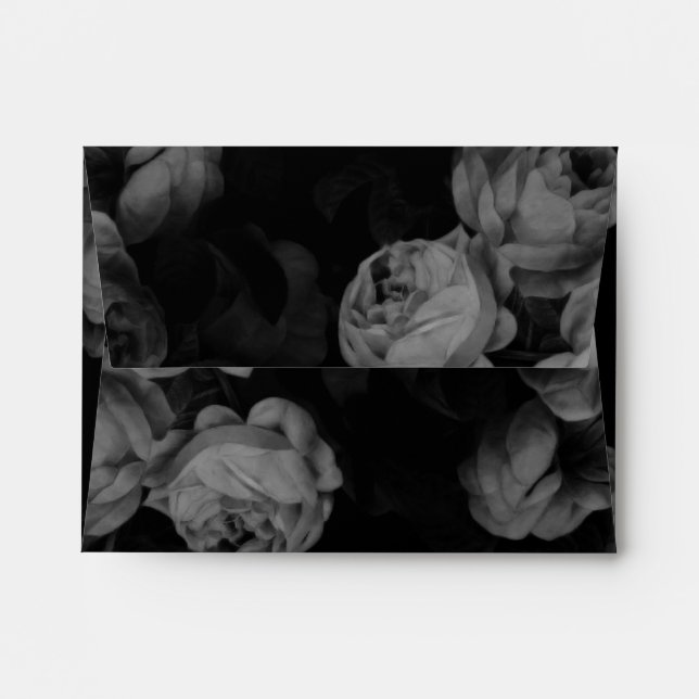 Elegant Black & White Roses Wedding RSVP Envelopes (Back (Top Flap))