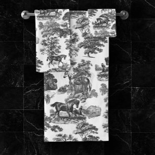 Elegant Black White Rustic Horses Toile  Bath Towel Set