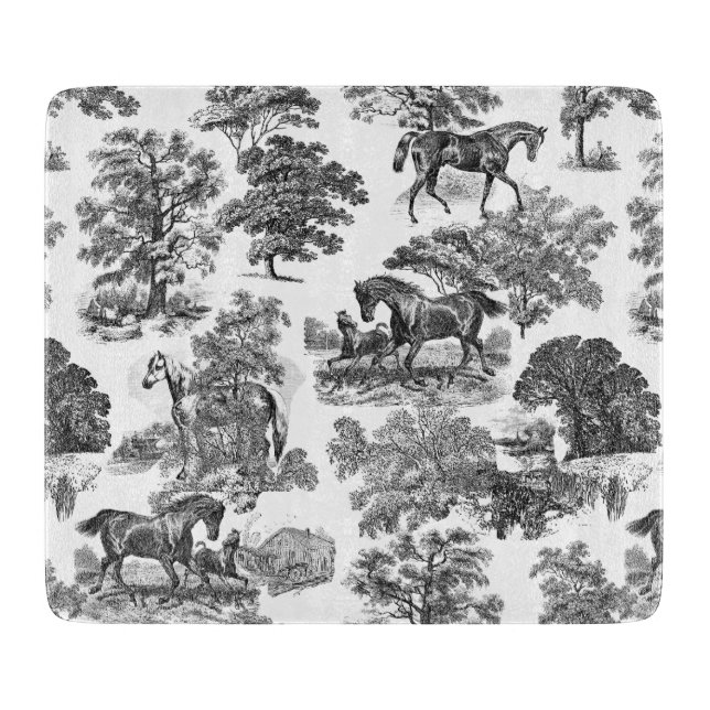 Elegant Black White Rustic Horses Toile  Cutting Board (Front)