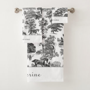 Elegant Black White Rustic Horses Toile Name Bath Towel Set