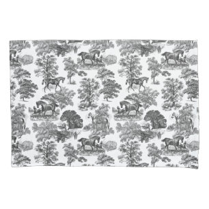 Elegant Black White Rustic Horses Toile Pillowcase