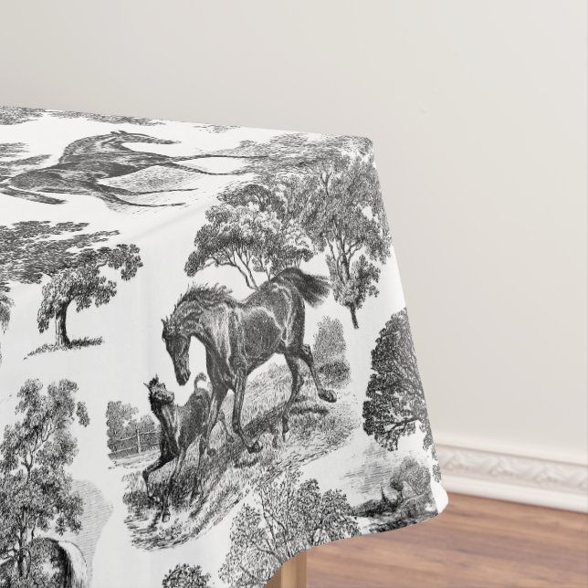 Elegant Black White Rustic Horses Toile Tablecloth (In Situ)
