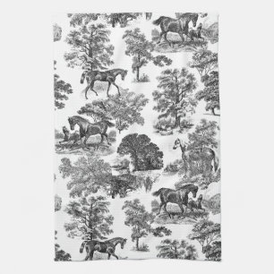 Elegant Black White Rustic Horses Toile   Tea Towel