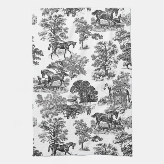 Elegant Black White Rustic Horses Toile   Tea Towel (Vertical)