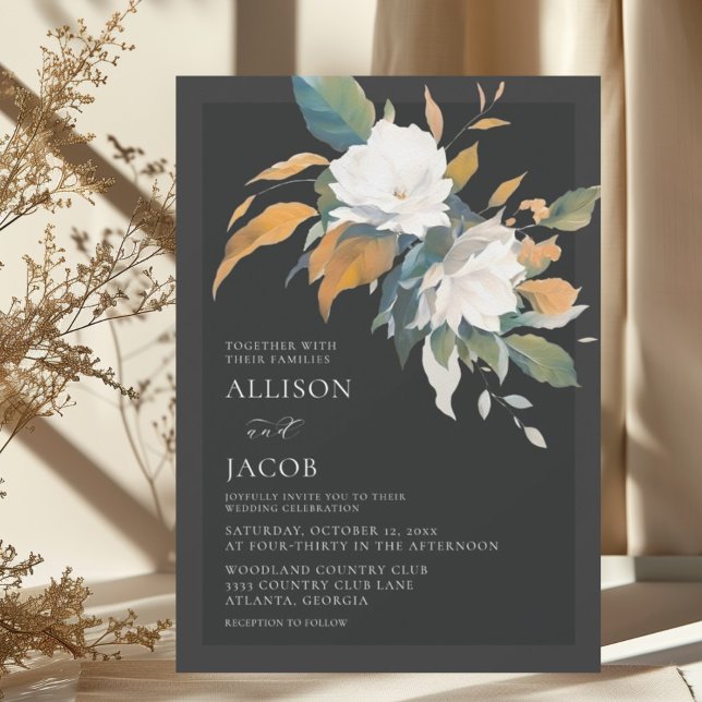 Elegant Black White Sage Green Floral Wedding Invitation (Creator Uploaded)