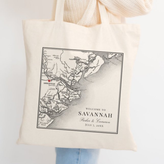 Elegant Black White Savannah Georgia Map Wedding Tote Bag (Elegant Savannah Georgia Custom Wedding Tote Bag with personalized black and white map)