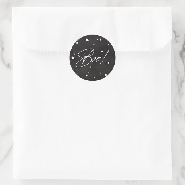 Elegant Black+White Scattered Stars Boo! Halloween Classic Round Sticker (Bag)