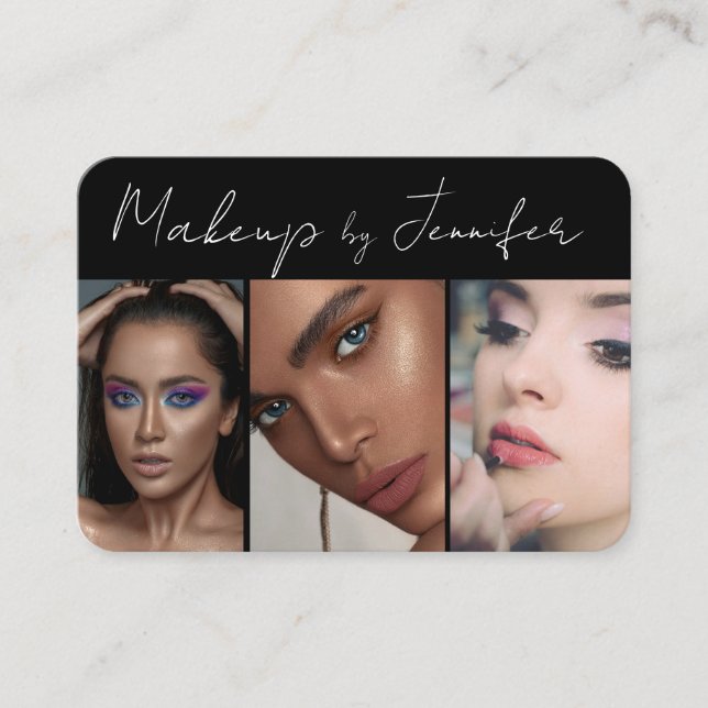 Elegant Black White Script 3 Photo Makeup Business Card (Front)