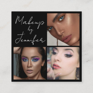 Elegant Black White Script 3 Photo Makeup Square Business Card