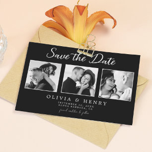 Elegant Black & White Script 3 Photo Wedding Save The Date