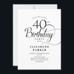 Elegant Black White Script 40th Birthday Invitation<br><div class="desc">Elegant simple black white 40th birthday party invitation. Elegant design featuring typography script font. Trendy invite card perfect for a stylish bday celebration. Can be customised to any age. Printed Zazzle invitations or instant download digital printable template.</div>