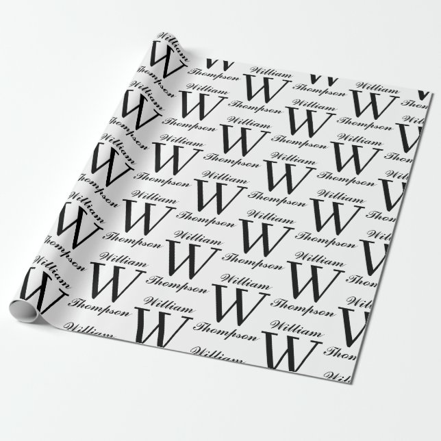 Elegant Black & White Script Calligraphy Monogram Wrapping Paper (Unrolled)