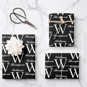 Elegant Black & White Script Calligraphy Monogram Wrapping Paper Sheet