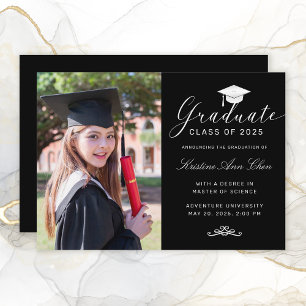 Elegant Black White Script Cap Photo Graduation Announcement