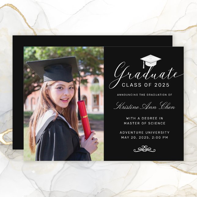 Elegant Black White Script Cap Photo Graduation Announcement (Elegant Black White Script Cap Photo Graduation Announcement)