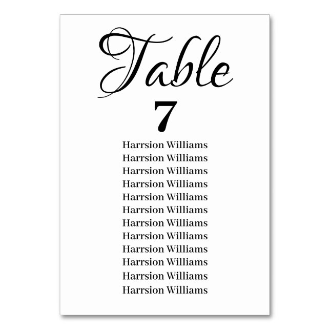 Elegant black white script custom text Wedding Table Number (Front)