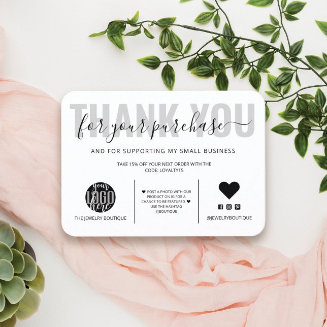 Elegant Black White Script Logo Customer Thank You Business Card (Creator Uploaded)