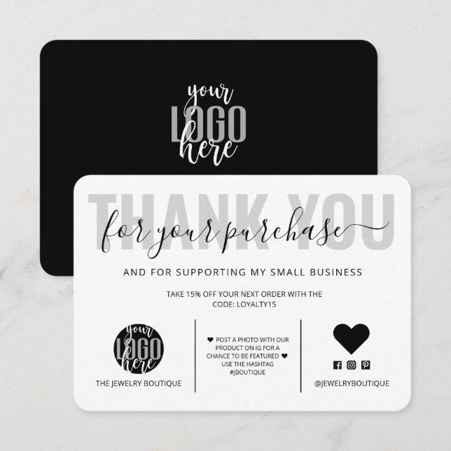 Elegant Black White Script Logo Customer Thank You Card (Front/Back)