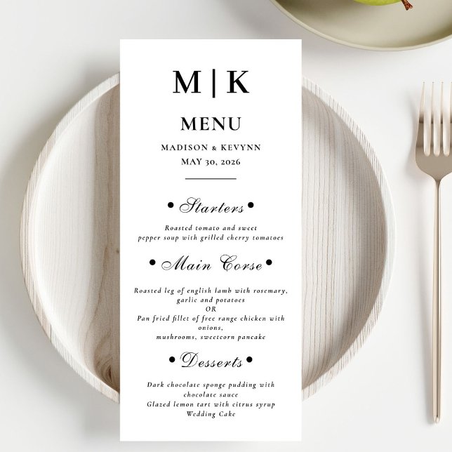 Elegant Black White Script Monogram Wedding Menu (Creator Uploaded)