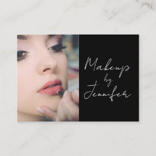 Elegant Black White Script Photo Makeup Business Card