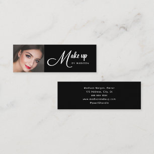 Elegant Black White Script Photo Makeup Mini Business Card