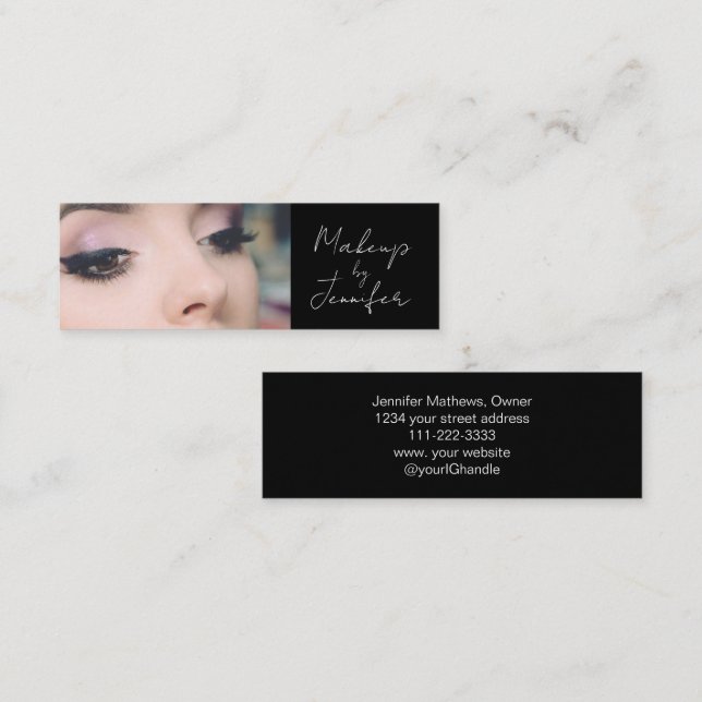 Elegant Black White Script Photo Makeup Mini Business Card (Front/Back)