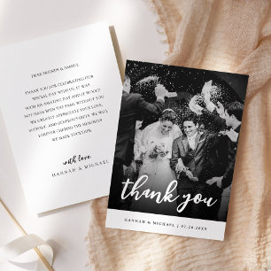 Elegant Black & White Script Photo Wedding Thank You Card