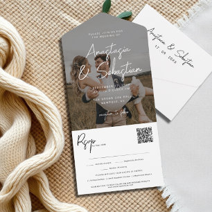 Elegant Black & White Script QR Code Photo Wedding All In One Invitation