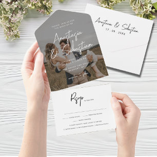 Elegant Black & White Script RSVP Photo Wedding All In One Invitation
