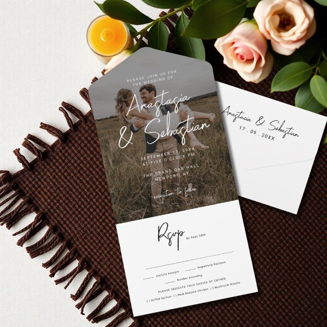 Elegant Black & White Script RSVP Photo Wedding V2 All In One Invitation (Creator Uploaded)