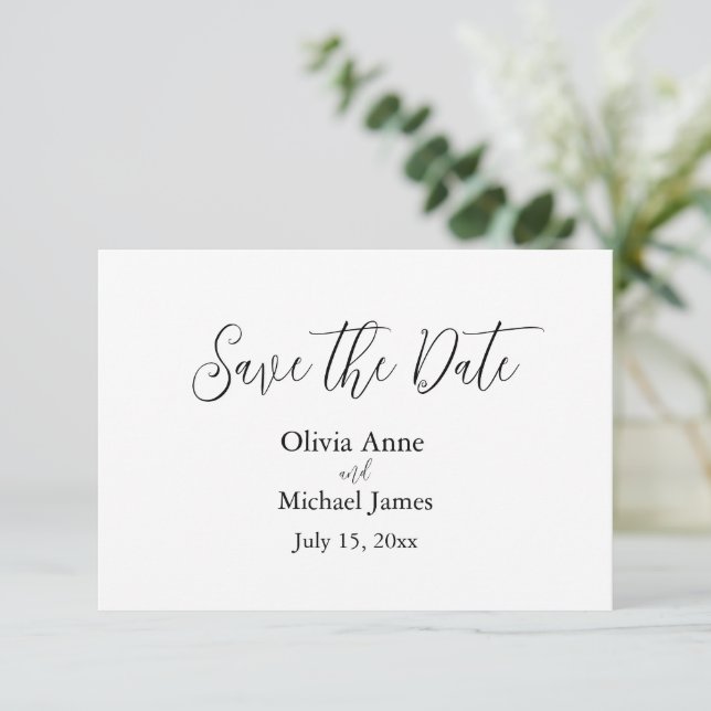 Elegant Black & White Script Save The Date (Standing Front)