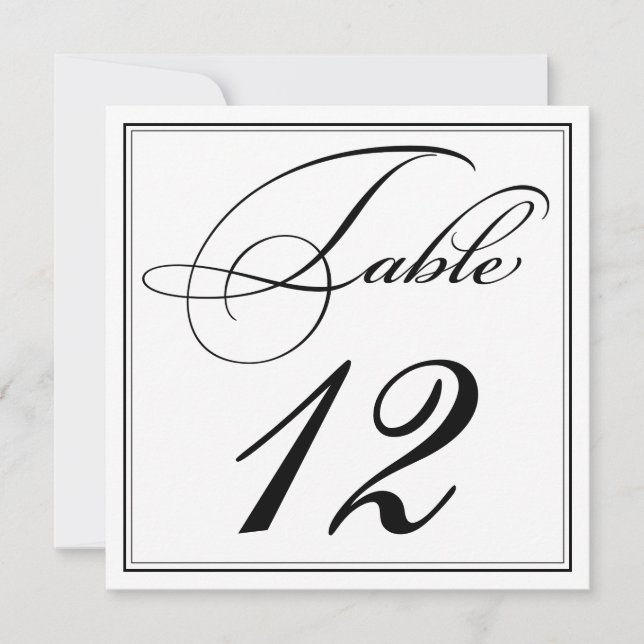 Elegant Black & White Script Table Number Cards (Front)