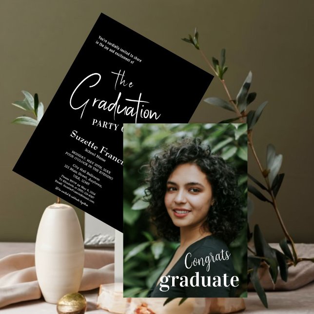 Elegant Black White Script Typography Graduation Invitation (Announce your success in style with our elegant graduation invitations! )