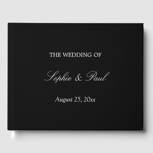Elegant Black White Script Wedding Guest Book (Front)