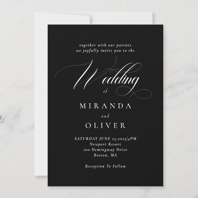 Elegant Black White Script Wedding Invitation (Front)