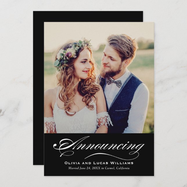Elegant Black White Script Wedding Photo Reception Invitation (Front/Back)