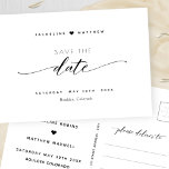Elegant Black & White Script Wedding Save The Date Postcard<br><div class="desc">Announce your wedding date with this beautiful, elegant and simple wedding save the date postcard. Elegant modern hand written Script typography through out. Clean and simple style white and black design. Ability to change "Save the" to "Save our" date. Back with area for your full wedding details and names, as...</div>
