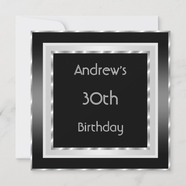 Elegant Black white Silver 30th Birthday Party Invitation (Front)