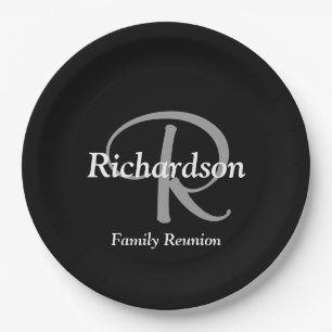 Elegant Black White Silver Monogram Family Reunion Paper Plate