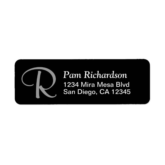 Elegant Black White Silver Monogram Return Address (Front)