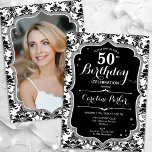 Elegant Black White Silver Photo 50th Birthday Invitation<br><div class="desc">Elegant floral feminine 50th birthday invitation with your photo at the back of the card. Glam black white design with faux glitter silver. Features black and white damask pattern, script font and confetti. Perfect for a stylish adult bday celebration party. Personalise with your own details. Can be customised for any...</div>