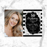 Elegant Black White Silver Photo 50th Birthday Invitation<br><div class="desc">Elegant floral feminine 50th birthday invitation with your photo. Glam black white red design with faux glitter silver. Features black and white stripes, red roses, script font and confetti. Perfect for a stylish adult bday celebration party. Personalise with your own details. Can be customised for any age! Printed Zazzle invitations...</div>