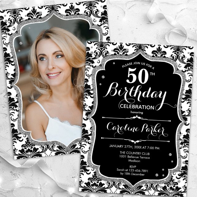 Elegant Black White Silver Photo 50th Birthday Invitation (Creator Uploaded)