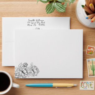 Elegant Black White Simple Boho Floral Wedding Envelope