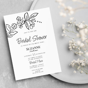 Elegant black white simple floral Bridal Shower Invitation